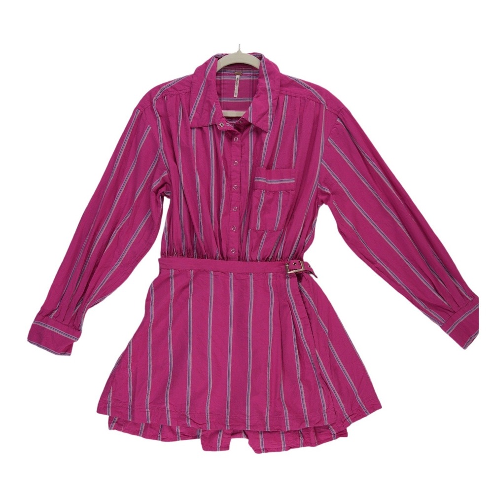 Free People Shirt Dress Women's Size Medium Pink Striped Belted Long Sleeve